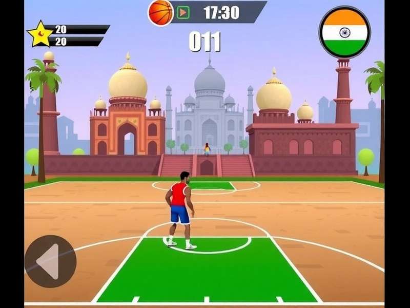 Basketball Battle IN exciting gameplay Basketball Battle IN gameplay screenshot showing a match in progress on a court with Indian landmarks in background
